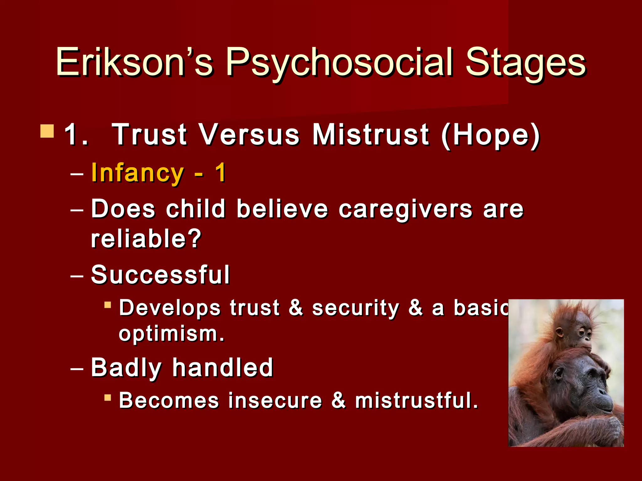 Erikson’s Psychosocial Stages
 1. 

Trust Versus Mistrust (Hope)

–
–

Infancy - 1
Does child believe caregivers are
reliable?
– Successful
 Develops trust & security & a basic
optimism.

– Badly handled
 Becomes insecure & mistrustful. 

 