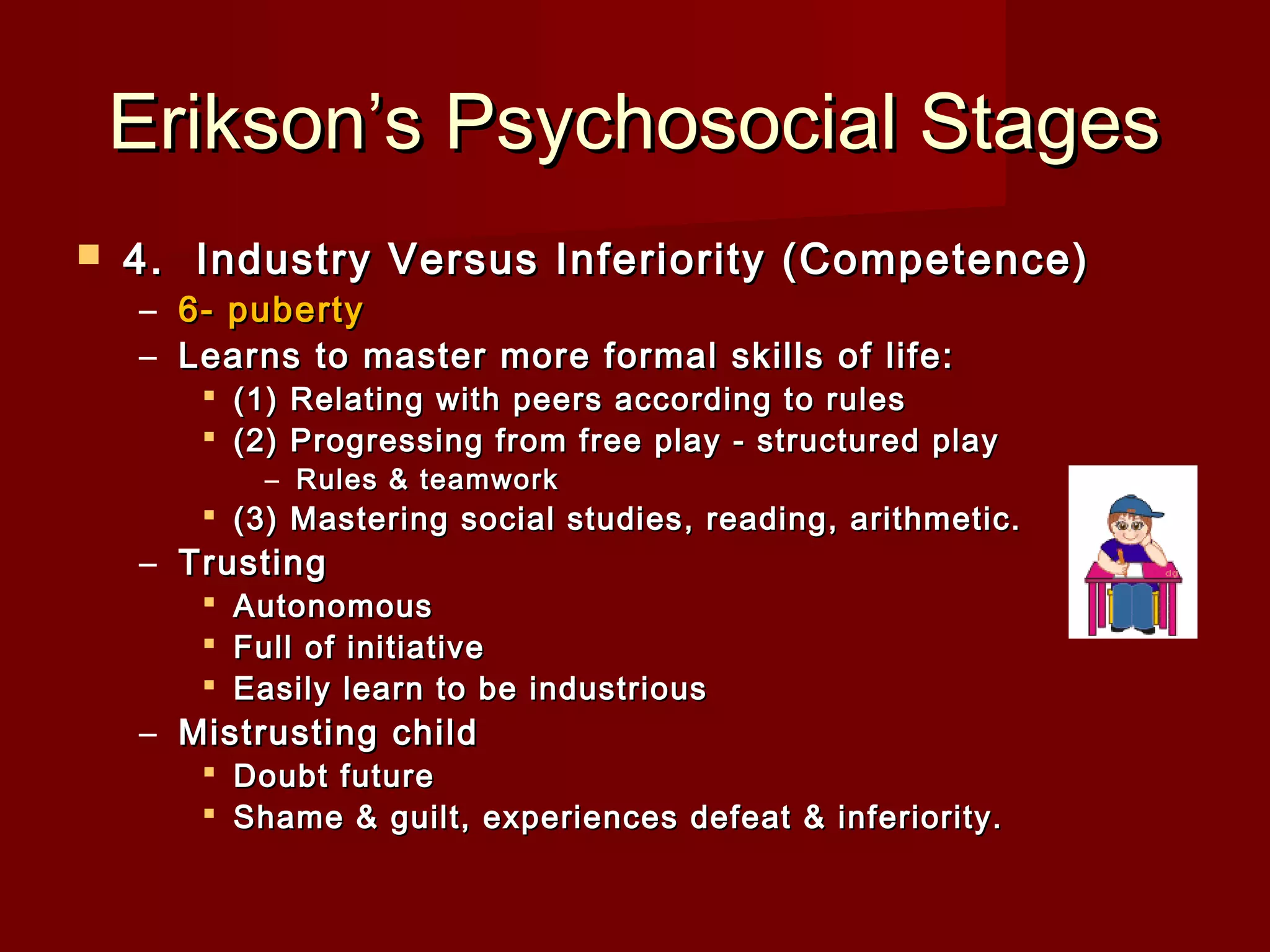 Erikson’s Psychosocial Stages


4.  Industry Versus Inferiority (Competence)
– 6- puberty
– Learns to master more formal skills of life:

 (1) Relating with peers according to rules
 (2) Progressing from free play - structured play
– Rules & teamwork

 (3) Mastering social studies, reading, arithmetic. 

– Trusting

 Autonomous
 Full of initiative
 Easily learn to be industrious

– Mistrusting child

 Doubt future
 Shame & guilt, experiences defeat & inferiority. 

 