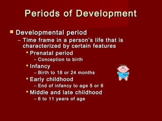Periods of Development


Developmental period

– Time frame in a person’s life that is
characterized by certain features
 Prenatal period
– Conception to birth

 Infancy

– Birth to 18 or 24 months

 Early childhood

– End of infancy to age 5 or 6

 Middle and late childhood
– 6 to 11 years of age

 