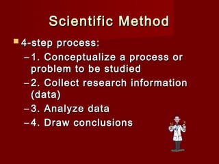 Scientific Method
 4-step

process:
– 1. Conceptualize a process or
problem to be studied
– 2. Collect research information
(data)
– 3. Analyze data
– 4. Draw conclusions

 