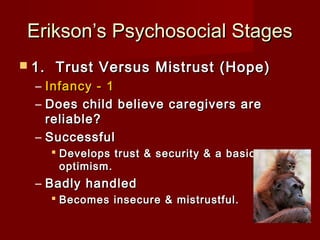 Erikson’s Psychosocial Stages
 1. 

Trust Versus Mistrust (Hope)

–
–

Infancy - 1
Does child believe caregivers are
reliable?
– Successful
 Develops trust & security & a basic
optimism.

– Badly handled
 Becomes insecure & mistrustful. 

 