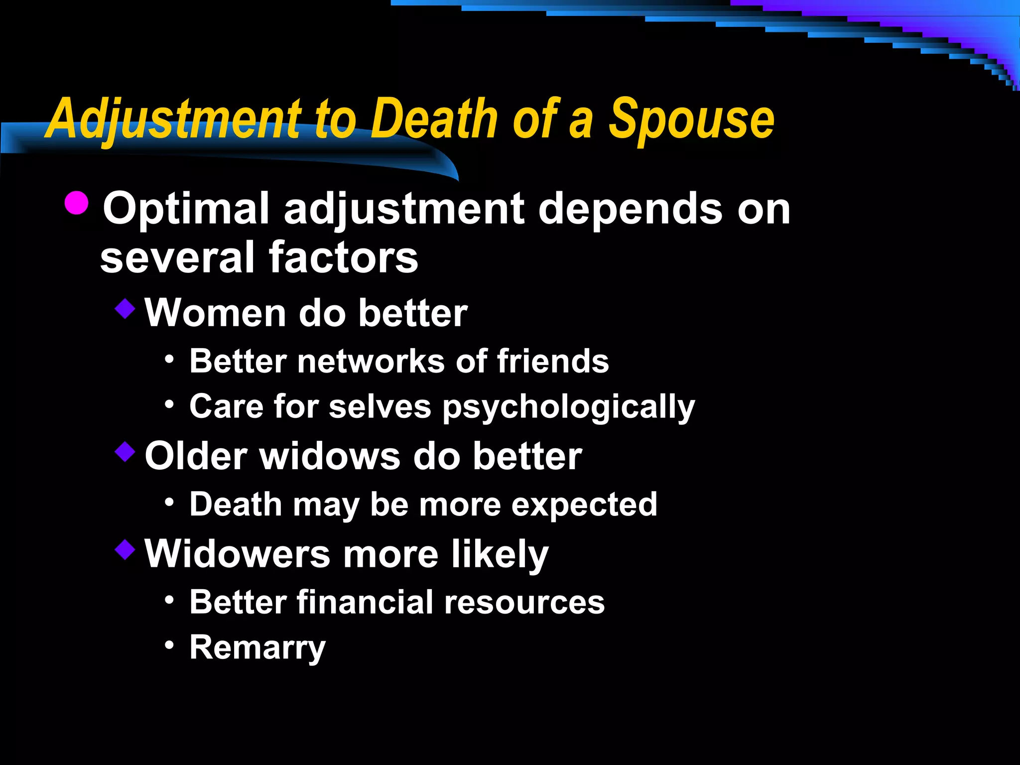 Adjustment to Death of a Spouse
Optimal adjustment depends on

several factors
 Women

do better

• Better networks of friends
• Care for selves psychologically
 Older

widows do better

• Death may be more expected
 Widowers

more likely

• Better financial resources
• Remarry

 