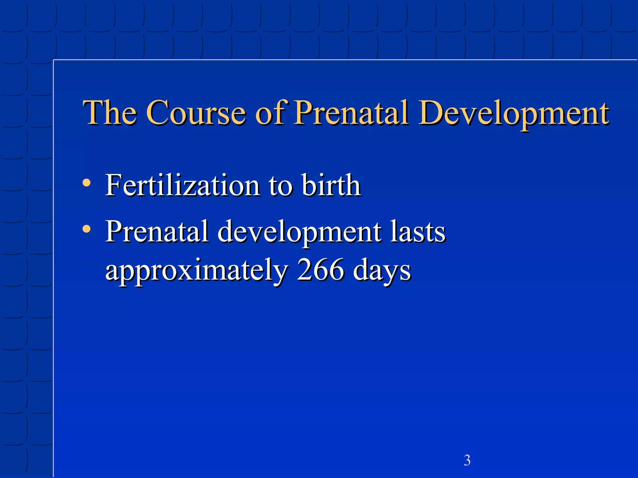 The Course of Prenatal Development
• Fertilization to birth
• Prenatal development lasts
approximately 266 days

3

 