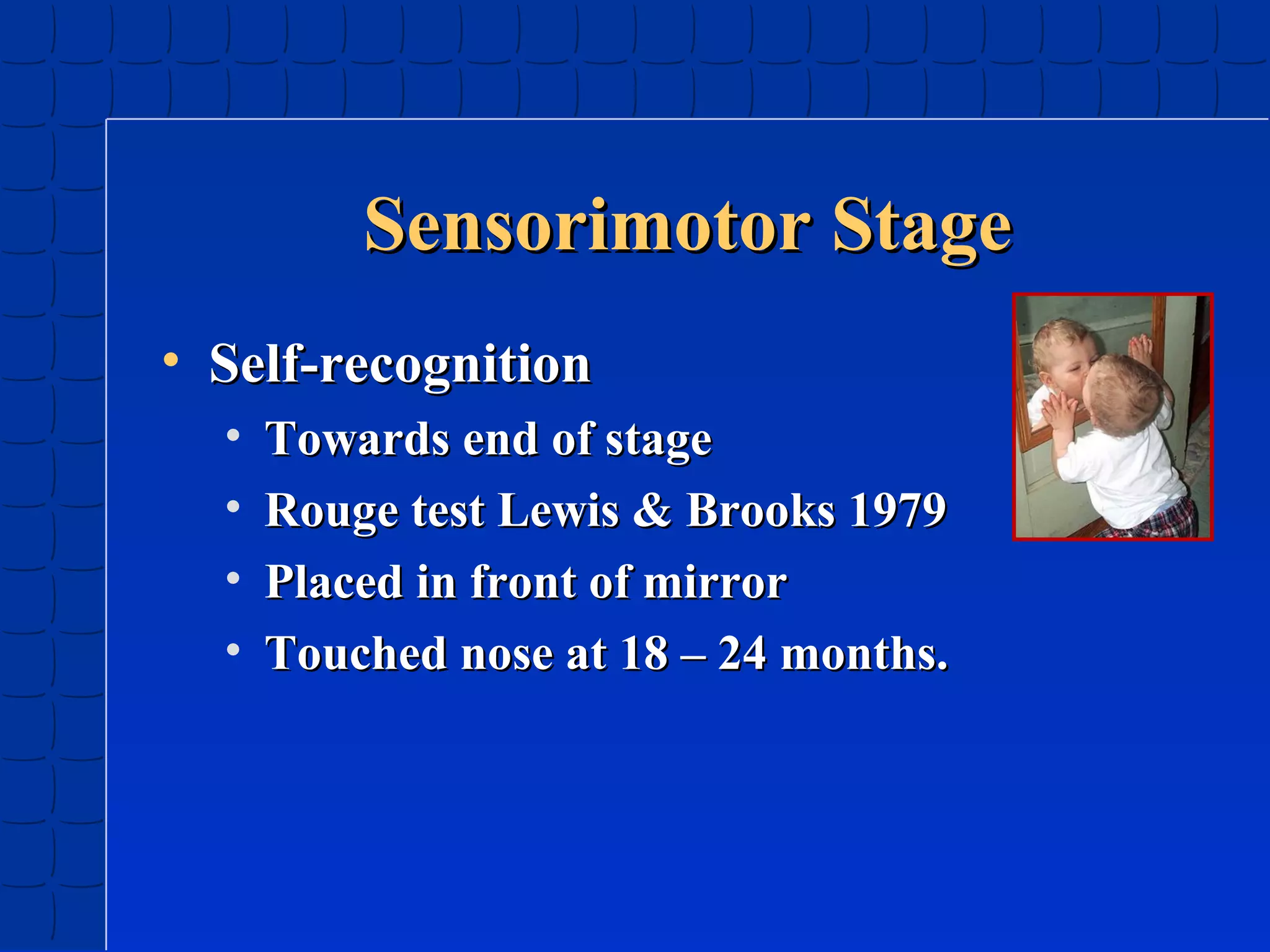 Sensorimotor Stage
• Self-recognition
•
•
•
•

Towards end of stage
Rouge test Lewis & Brooks 1979
Placed in front of mirror
Touched nose at 18 – 24 months.

 