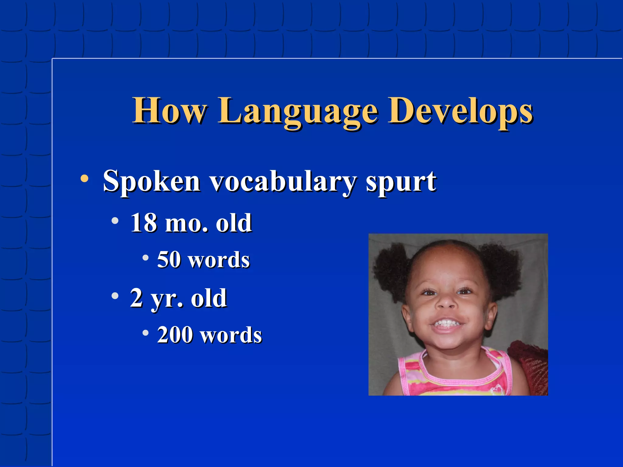 How Language Develops
• Spoken vocabulary spurt
• 18 mo. old
• 50 words

• 2 yr. old
• 200 words

 