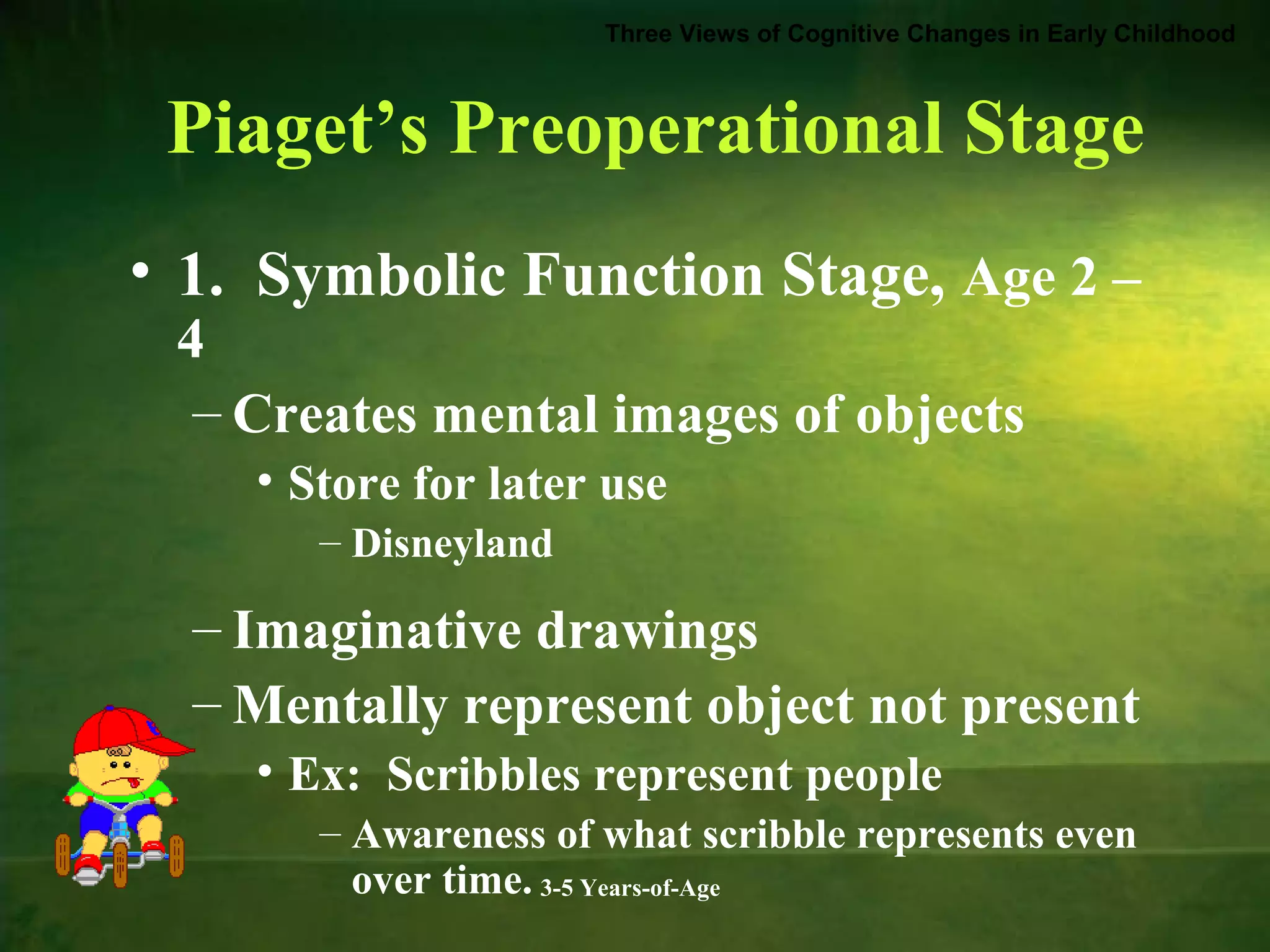 Three Views of Cognitive Changes in Early Childhood

Piaget’s Preoperational Stage
• 1. Symbolic Function Stage, Age 2 –
4
– Creates mental images of objects
• Store for later use
– Disneyland

– Imaginative drawings
– Mentally represent object not present
• Ex: Scribbles represent people
– Awareness of what scribble represents even
over time. 3-5 Years-of-Age

 