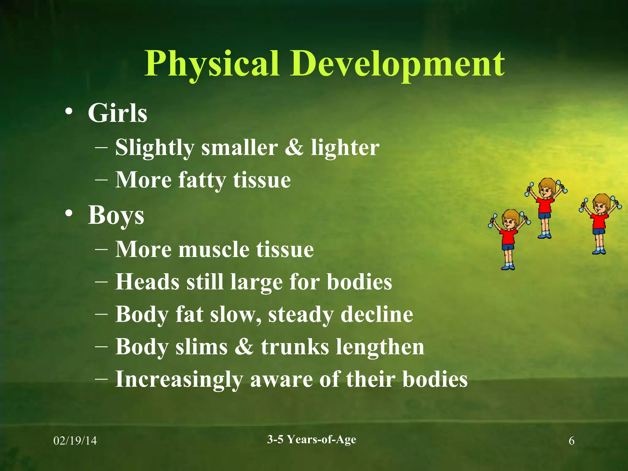 Physical Development
• Girls
– Slightly smaller & lighter
– More fatty tissue

• Boys
–
–
–
–
–
02/19/14

More muscle tissue
Heads still large for bodies
Body fat slow, steady decline
Body slims & trunks lengthen
Increasingly aware of their bodies
3-5 Years-of-Age

6

 