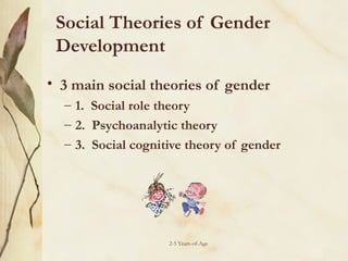 Social Theories of Gender
Development  
• 3 main social theories of gender
– 1. Social role theory
– 2. Psychoanalytic theory
– 3. Social cognitive theory of gender

2-5 Years-of-Age

 