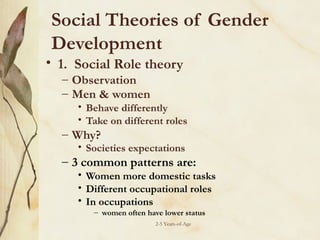 Social Theories of Gender
Development  
• 1. Social Role theory
– Observation
– Men & women

• Behave differently
• Take on different roles

– Why?

• Societies expectations

– 3 common patterns are:

• Women more domestic tasks
• Different occupational roles
• In occupations
– women often have lower status
2-5 Years-of-Age

 