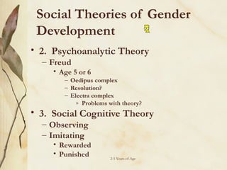 Social Theories of Gender
Development 
• 2. Psychoanalytic Theory
– Freud

• Age 5 or 6

– Oedipus complex
– Resolution?
– Electra complex
» Problems with theory?

• 3. Social Cognitive Theory
– Observing
– Imitating

• Rewarded
• Punished

2-5 Years-of-Age

 