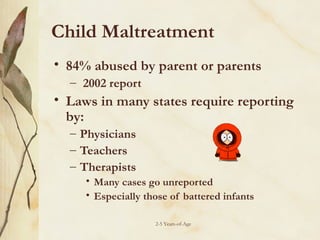 Child Maltreatment
• 84% abused by parent or parents
– 2002 report

• Laws in many states require reporting
by:
– Physicians
– Teachers
– Therapists
• Many cases go unreported
• Especially those of battered infants
2-5 Years-of-Age

 
