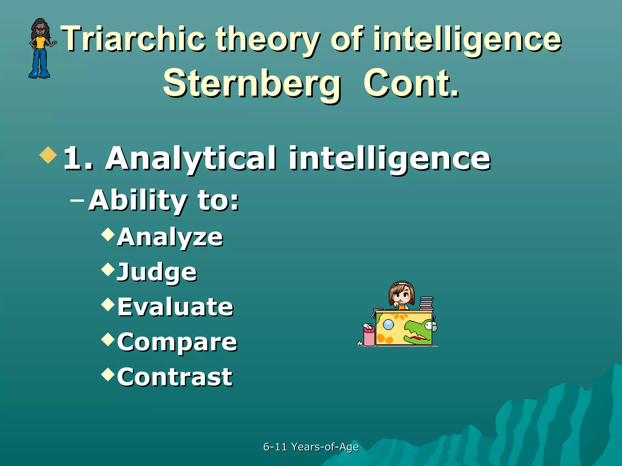 Triarchic theory of intelligence

Sternberg Cont.
 1.

Analytical intelligence

– Ability to:
Analyze
Judge
Evaluate
Compare
Contrast

6-11 Years-of-Age

 