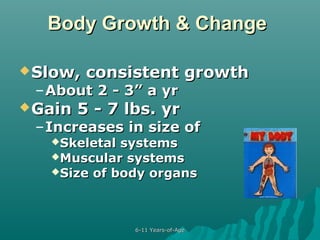 Body Growth & Change
 Slow,

consistent growth

– About 2 - 3” a yr

 Gain

5 - 7 lbs. yr

– Increases in size of
Skeletal

systems
Muscular systems
Size of body organs

6-11 Years-of-Age

 