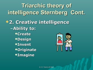 Triarchic theory of
intelligence Sternberg Cont.
 2.

Creative intelligence

– Ability to:
Create
Design
Invent
Originate
Imagine

6-11 Years-of-Age

 