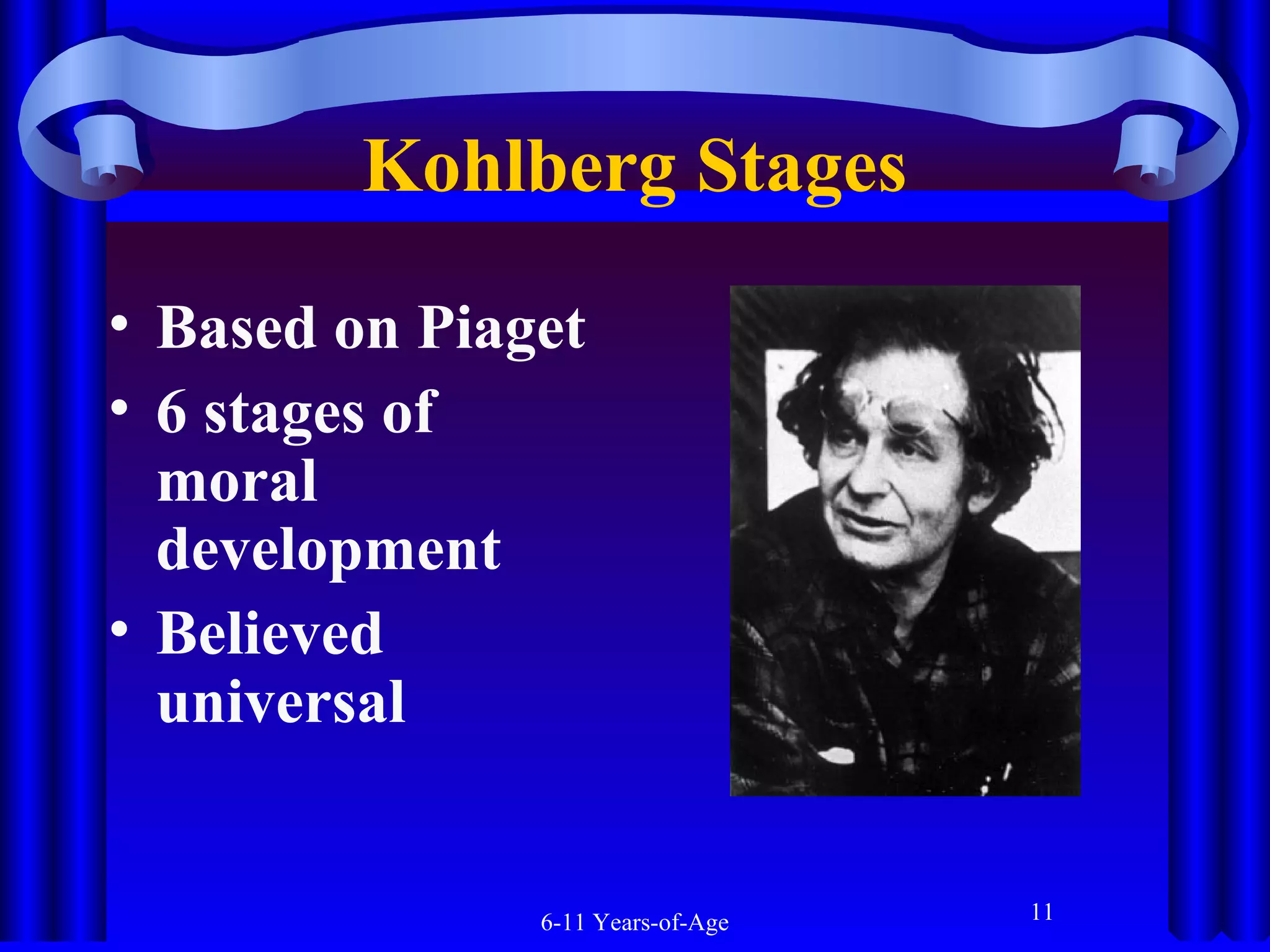 Kohlberg Stages
• Based on Piaget
• 6 stages of
moral
development
• Believed
universal

6-11 Years-of-Age

11

 