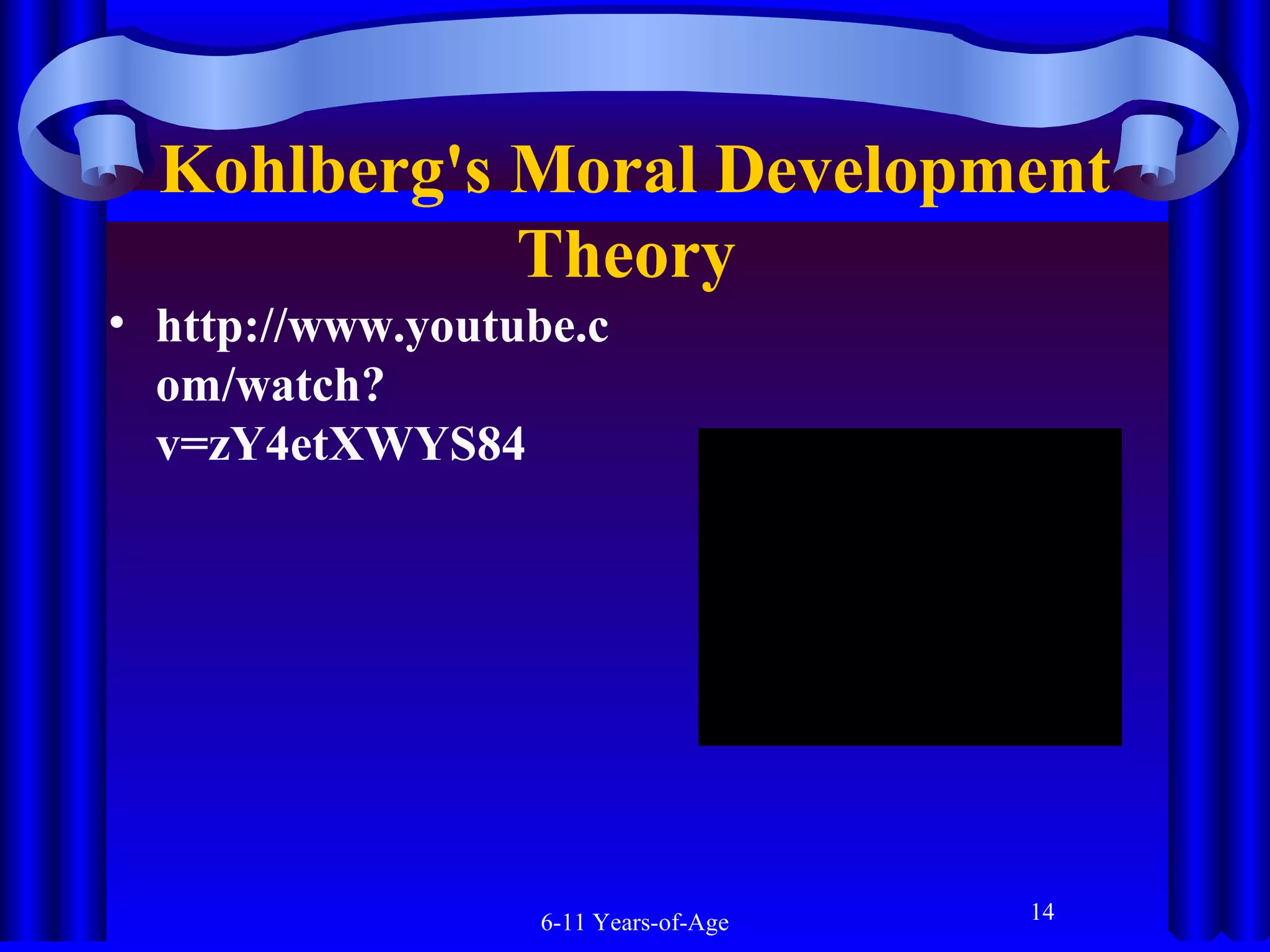 Kohlberg's Moral Development
Theory
• http://www.youtube.c
om/watch?
v=zY4etXWYS84

6-11 Years-of-Age

14

 