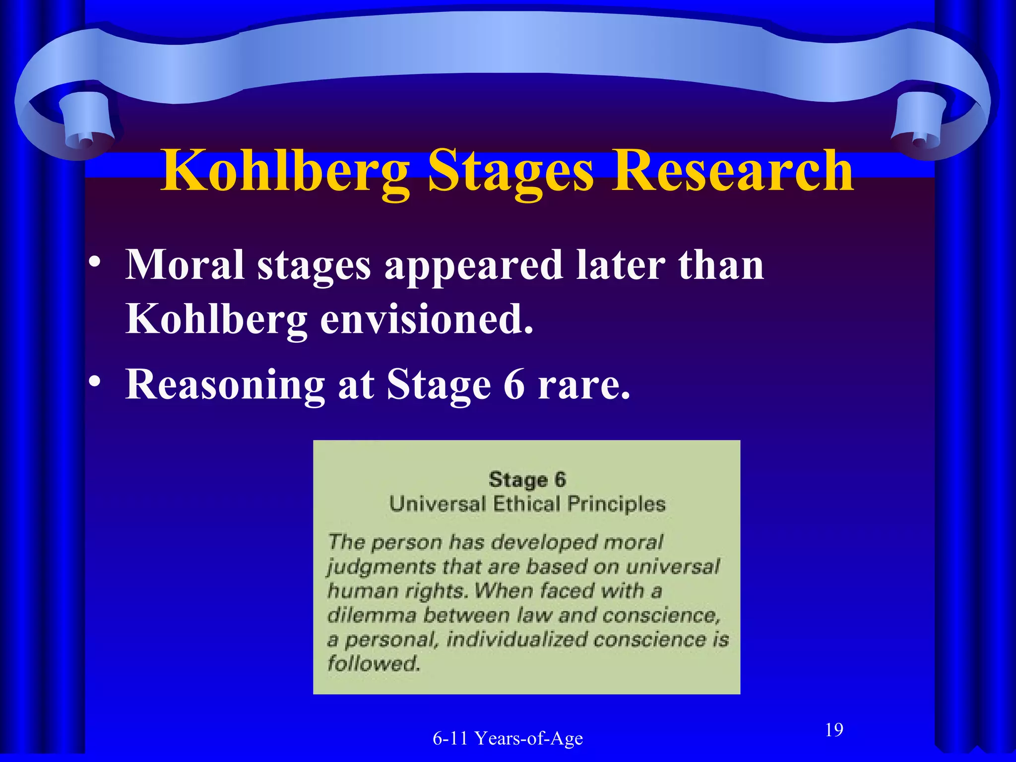 Kohlberg Stages Research
• Moral stages appeared later than
Kohlberg envisioned.
• Reasoning at Stage 6 rare.

6-11 Years-of-Age

19

 