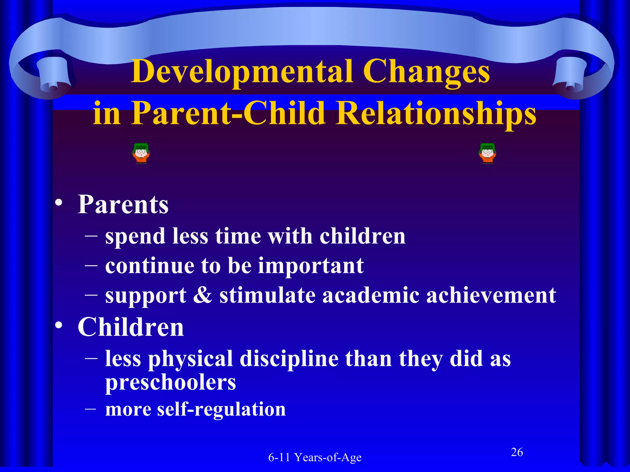 Developmental Changes
in Parent-Child Relationships
• Parents
– spend less time with children
– continue to be important
– support & stimulate academic achievement

• Children
– less physical discipline than they did as
preschoolers
– more self-regulation
6-11 Years-of-Age

26

 