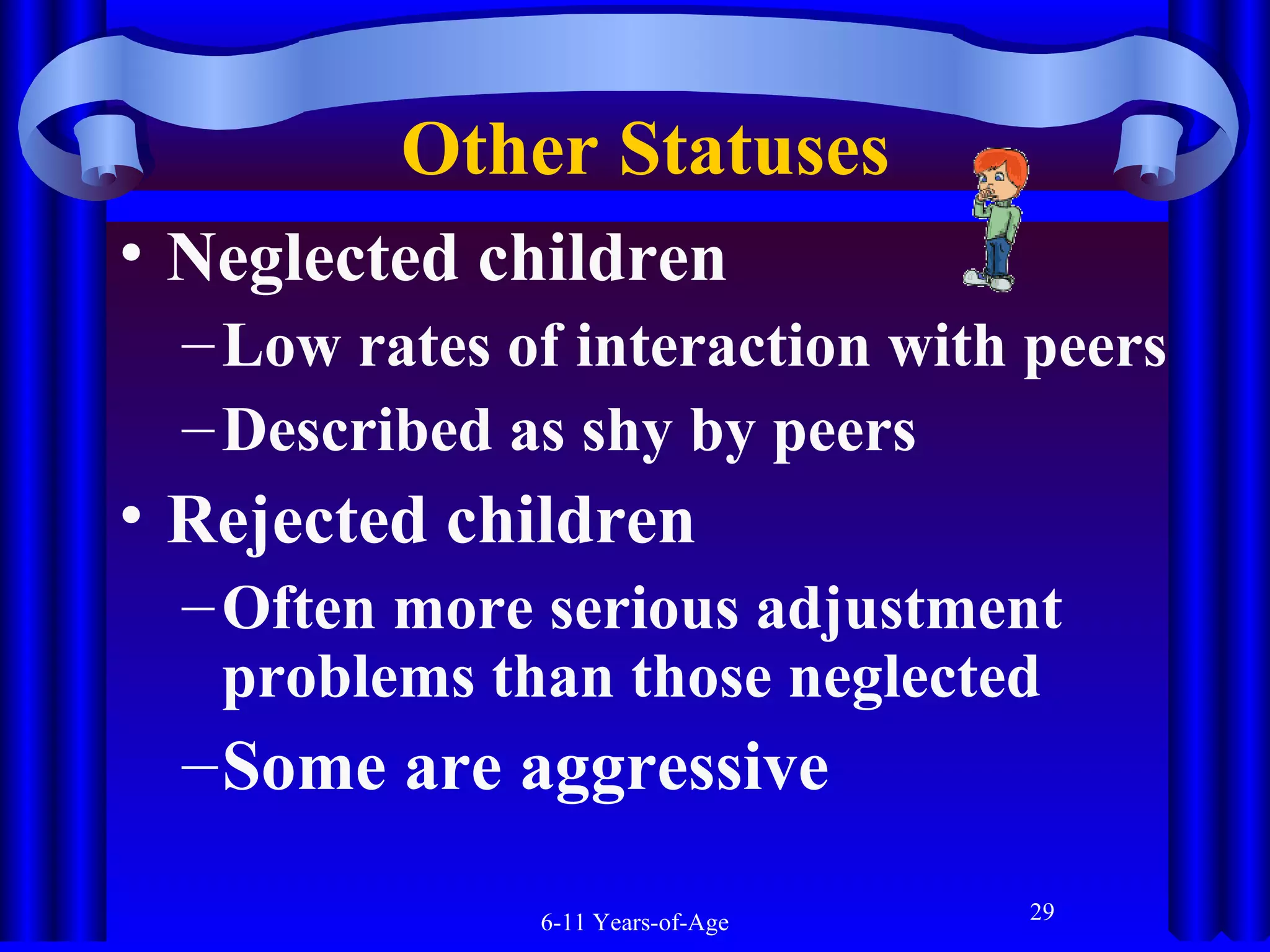Other Statuses
• Neglected children
– Low rates of interaction with peers
– Described as shy by peers

• Rejected children
– Often more serious adjustment
problems than those neglected

– Some are aggressive
6-11 Years-of-Age

29

 