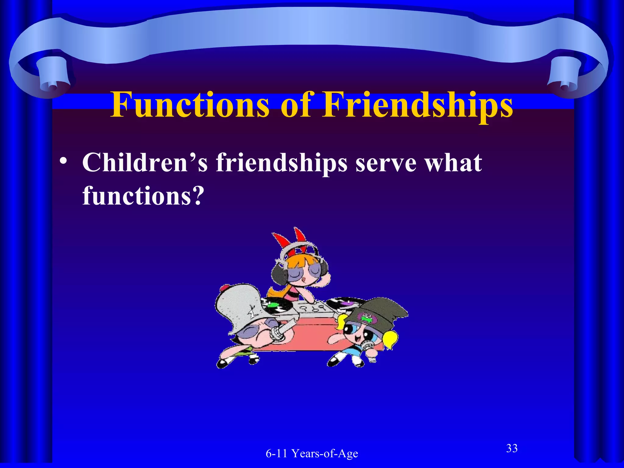 Functions of Friendships
• Children’s friendships serve what
functions?

6-11 Years-of-Age

33

 