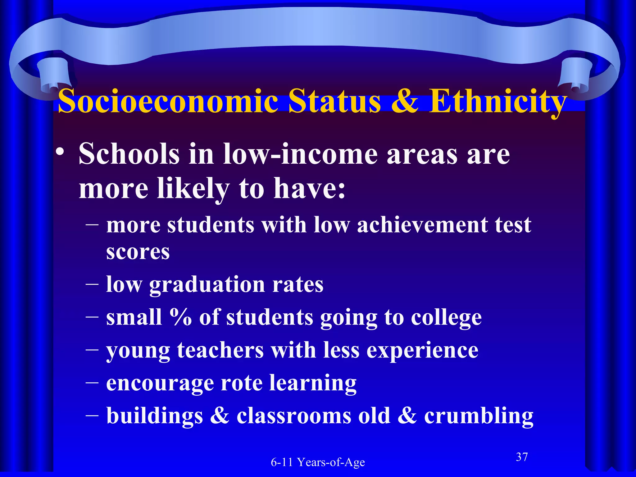 Socioeconomic Status & Ethnicity
• Schools in low-income areas are
more likely to have:
– more students with low achievement test
scores
– low graduation rates
– small % of students going to college
– young teachers with less experience
– encourage rote learning
– buildings & classrooms old & crumbling
6-11 Years-of-Age

37

 
