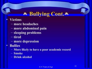 Bullying Cont.
• Victims
– more headaches
– more abdominal pain
– sleeping problems
– tired
– more depression
• Bullies
– More likely to have a poor academic record
– Smoke
– Drink alcohol
6-11 Years-of-Age

32

 