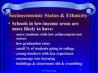 Socioeconomic Status & Ethnicity
• Schools in low-income areas are
more likely to have:
– more students with low achievement test
scores
– low graduation rates
– small % of students going to college
– young teachers with less experience
– encourage rote learning
– buildings & classrooms old & crumbling
6-11 Years-of-Age

37

 