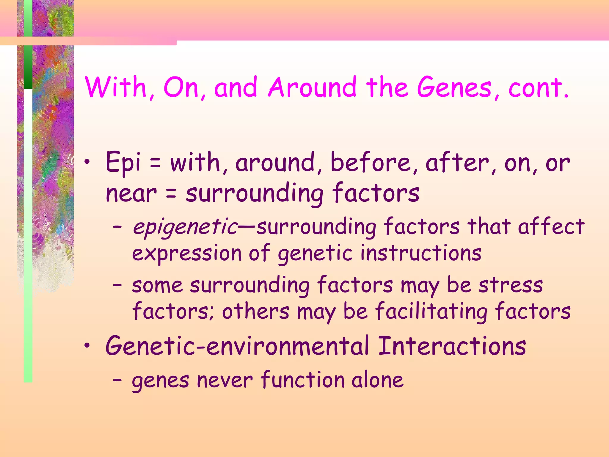 With, On, and Around the Genes, cont.
• Epi = with, around, before, after, on, or
near = surrounding factors
– epigenetic—surrounding factors that affect
expression of genetic instructions
– some surrounding factors may be stress
factors; others may be facilitating factors
• Genetic-environmental Interactions
– genes never function alone
 