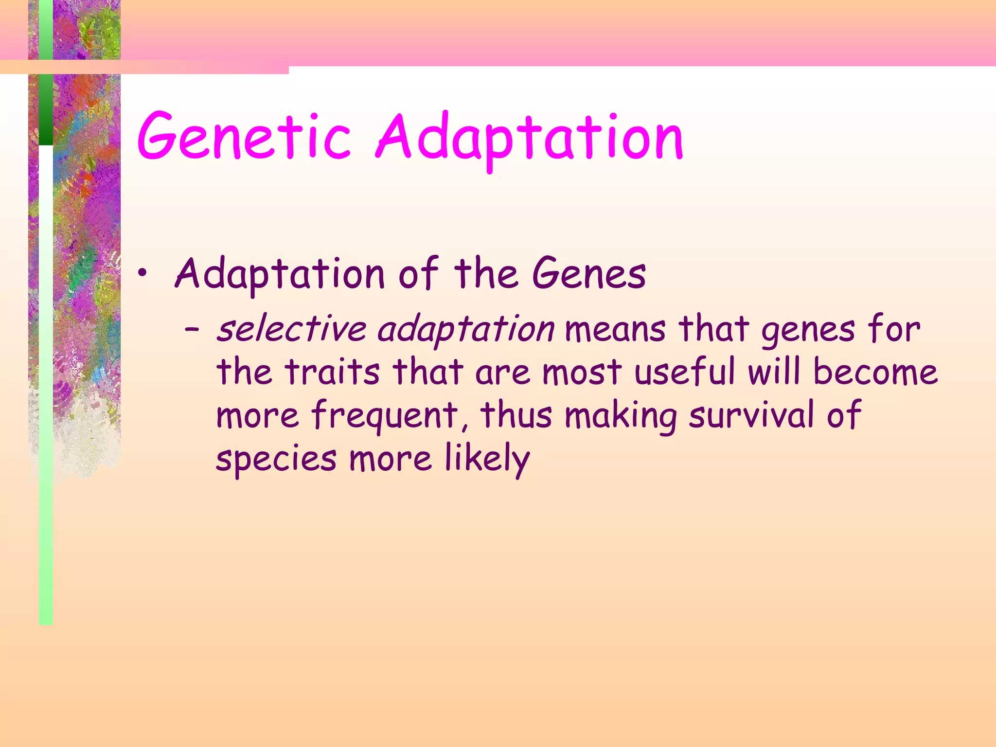 • Adaptation of the Genes
– selective adaptation means that genes for
the traits that are most useful will become
more frequent, thus making survival of
species more likely
Genetic Adaptation
 