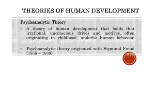 Psychoanalytic Theory
• A theory of human development that holds that
irrational, unconscious drives and motives, often
originating in childhood, underlie human behavior.
• Psychoanalytic theory originated with Sigmund Freud
(1856 – 1939)
 