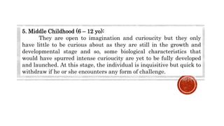 5. Middle Childhood (6 – 12 yo):
They are open to imagination and curioucity but they only
have little to be curious about as they are still in the growth and
developmental stage and so, some biological characteristics that
would have spurred intense curioucity are yet to be fully developed
and launched. At this stage, the individual is inquisitive but quick to
withdraw if he or she encounters any form of challenge.
 