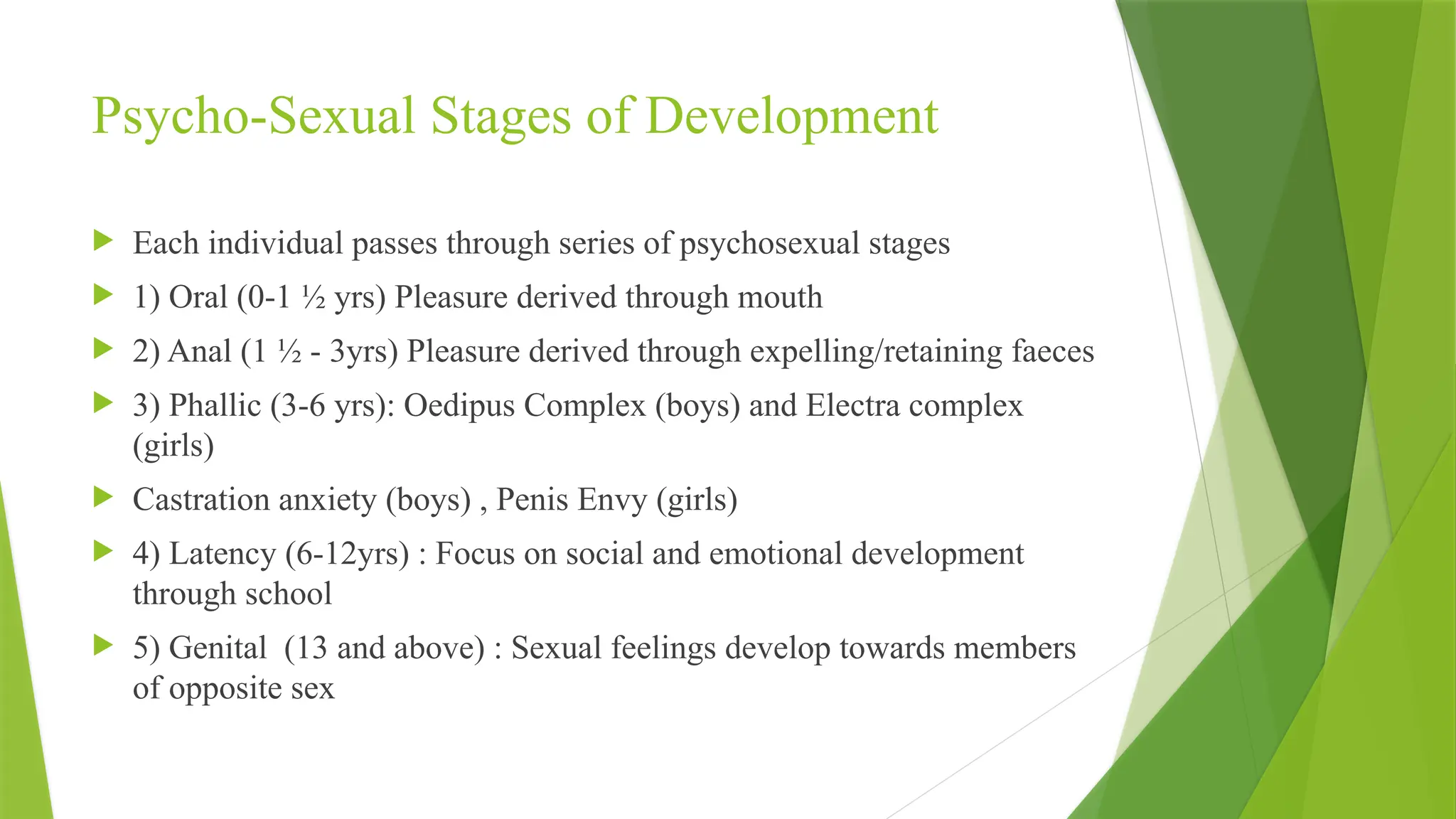Psycho-Sexual Stages of Development
 Each individual passes through series of psychosexual stages
 1) Oral (0-1 ½ yrs) Pleasure derived through mouth
 2) Anal (1 ½ - 3yrs) Pleasure derived through expelling/retaining faeces
 3) Phallic (3-6 yrs): Oedipus Complex (boys) and Electra complex
(girls)
 Castration anxiety (boys) , Penis Envy (girls)
 4) Latency (6-12yrs) : Focus on social and emotional development
through school
 5) Genital (13 and above) : Sexual feelings develop towards members
of opposite sex
 