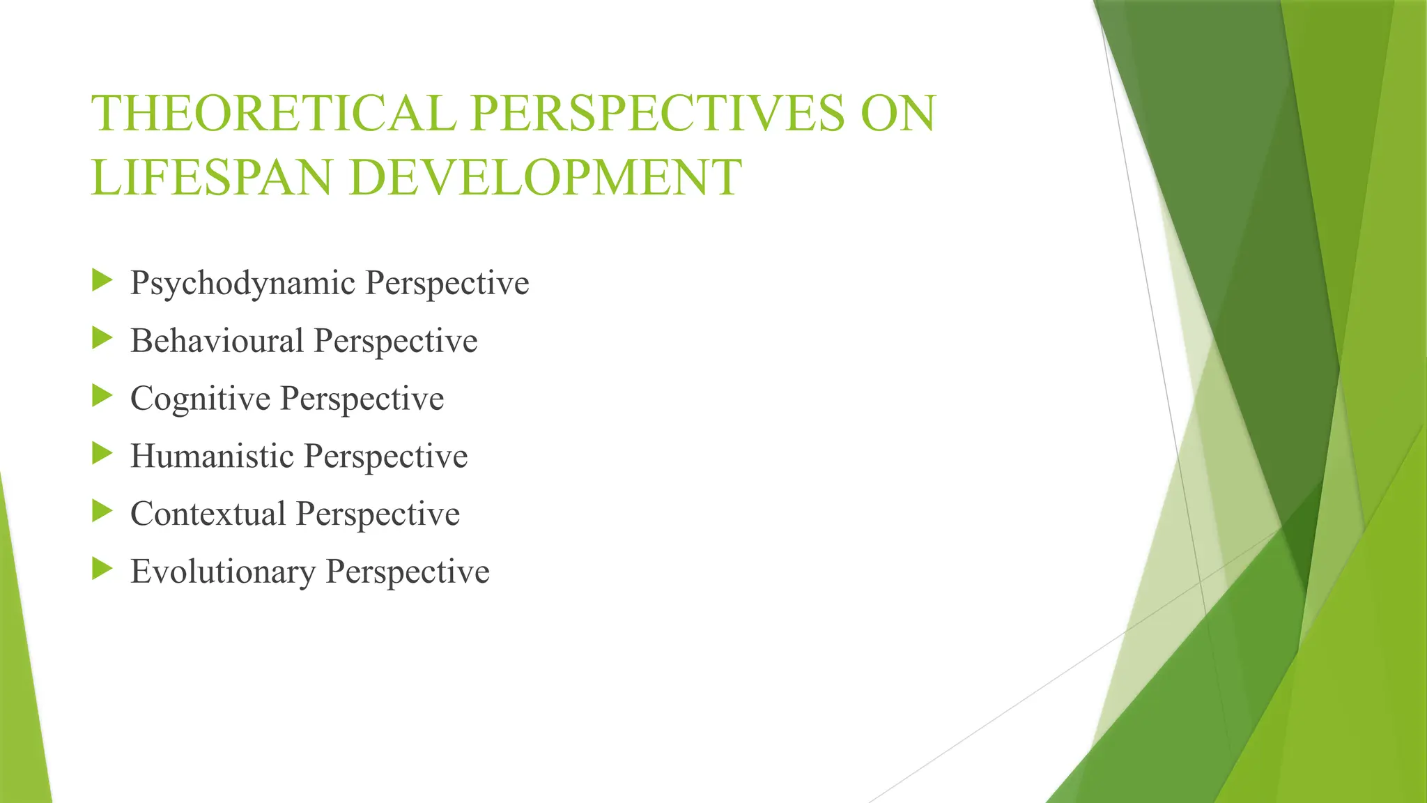 THEORETICAL PERSPECTIVES ON
LIFESPAN DEVELOPMENT
 Psychodynamic Perspective
 Behavioural Perspective
 Cognitive Perspective
 Humanistic Perspective
 Contextual Perspective
 Evolutionary Perspective
 
