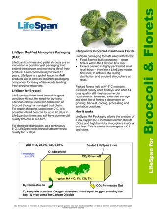 Broccoli & Florets
LifeSpan Modified Atmosphere Packaging                                                   LifeSpan for Broccoli & Cauliflower Florets

(MAP)                                                                                    LifeSpan packaging formats used with florets:
                                                                                         • Food Service bulk packaging – loose
LifeSpan box liners and pallet shrouds are an                                                florets within the LifeSpan box liner
innovation in post-harvest packaging that                                                • Florets packed in highly perforated small
extend the storage and marketing life of fresh                                               retail bags – then into a LifeSpan master
produce. Used commercially for over 15                                                       box liner, to achieve MA during
years, LifeSpan is a global leader in MAP                                                    distribution and ambient atmosphere at
products and is now an important packaging                                                   retail.
component for many of the worlds leading
fresh produce exporters.                                                                 Packed florets held at 0°-5°C maintain
LifeSpan for Broccoli                                                                    excellent quality after 10 days, and after 14
                                                                                         days quality still meets commercial
LifeSpan box liners hold broccoli in good                                                requirements. However, extended storage
condition without the need for top-icing.                                                and shelf life of florets is dependent on
LifeSpan can be useful for distribution of                                               growing, harvest, cooling, processing and
broccoli through a managed cold chain.                                                   sanitation practices.
For export shipping, stored near 0°C, it is
possible to hold broccoli for up to 40 days in                                           How it works
LifeSpan box liners and still have commercial                                            LifeSpan MA Packaging allows the creation of
quality broccoli at out-turn.                                                            a low oxygen (O2), increased carbon dioxide
                                                                                         (CO2), and high humidity atmosphere inside a
For domestic distribution, at a continuous                                               box liner. This is similar in concept to a CA
8°C, LifeSpan holds broccoli at commercial                                               cool store.
quality for 12 days.




                                                                                                                                                                                      LifeSpan for
                  AIR = O2 20.9%, CO2 0.03%                                                              Sealed LifeSpan Liner

                                                 O2 Absorbed
          Temperature
            32 – 370F                                                                             CO2 Given off




                                                             Typical       MA = O2 8%, CO2 7%

             O2 Permeates In                                                                                           CO2 Permeates Out

             To keep MA constant: Oxygen absorbed must equal oxygen entering the
             bag & vice versa for Carbon Dioxide


 Use of this product or information is not guaranteed, and is for general guidance only. Users should conduct their own tests to determine suitability. Freedom from patent
                                                                       restrictions cannot be assumed.
 