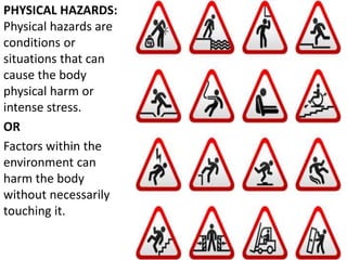 PHYSICAL HAZARDS:
Physical hazards are
conditions or
situations that can
cause the body
physical harm or
intense stress.
OR
Factors within the
environment can
harm the body
without necessarily
touching it.
 