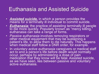 Euthanasia and Assisted Suicide  Assisted suicide,  in which a person provides the means for a terminally ill individual to commit suicide. Euthanasia:  the practice of assisting terminally ill people to die more quickly. Popularly known as “mercy killing,” euthanasia can take a range of forms. Passive euthanasia  involves removing respirators or other medical equipment that may be sustaining a patient’s life, to allow them to die naturally. This happens when medical staff follow a DNR order, for example.  In  voluntary active euthanasia  caregivers or medical staff act to end a person’s life before death would normally occur, perhaps by administering a dose of pain medication that they know will be fatal. Assisted suicide, as we have seen, lies between passive and voluntary active euthanasia.  