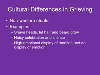 Cultural Differences in Grieving Non-western rituals: Examples: Shave heads, let hair and beard grow Noisy celebration and silence High emotional display of emotion and no display of emotion 
