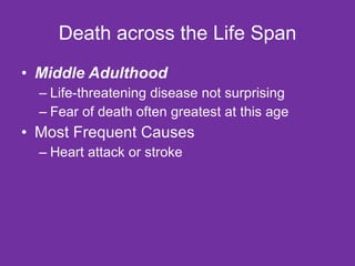 Death across the Life Span Middle Adulthood Life-threatening disease not surprising Fear of death often greatest at this age Most Frequent Causes Heart attack or stroke 