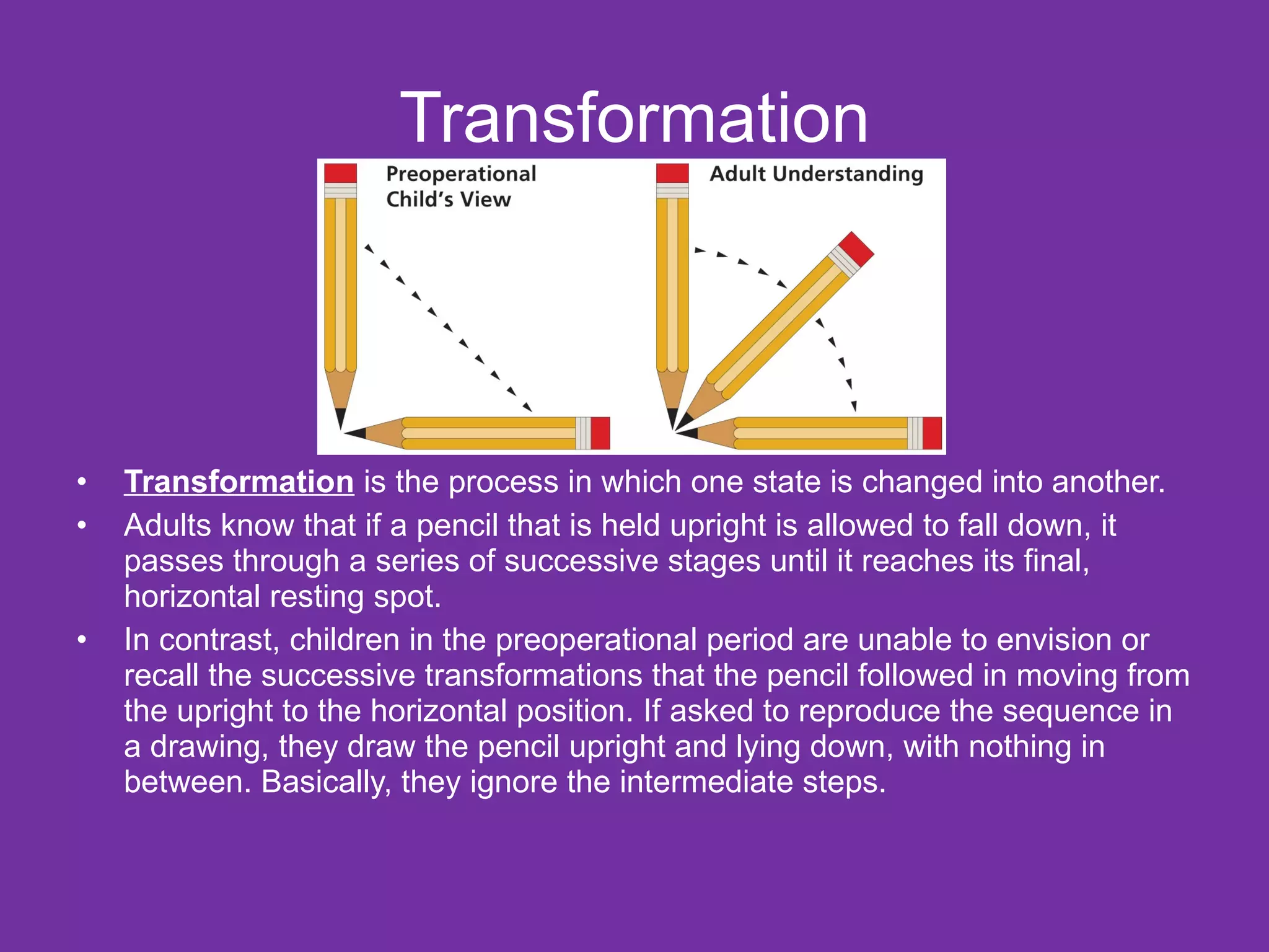 Transformation



•   Transformation is the process in which one state is changed into another.
•   Adults know that if a pencil that is held upright is allowed to fall down, it
    passes through a series of successive stages until it reaches its final,
    horizontal resting spot.
•   In contrast, children in the preoperational period are unable to envision or
    recall the successive transformations that the pencil followed in moving from
    the upright to the horizontal position. If asked to reproduce the sequence in
    a drawing, they draw the pencil upright and lying down, with nothing in
    between. Basically, they ignore the intermediate steps.
 