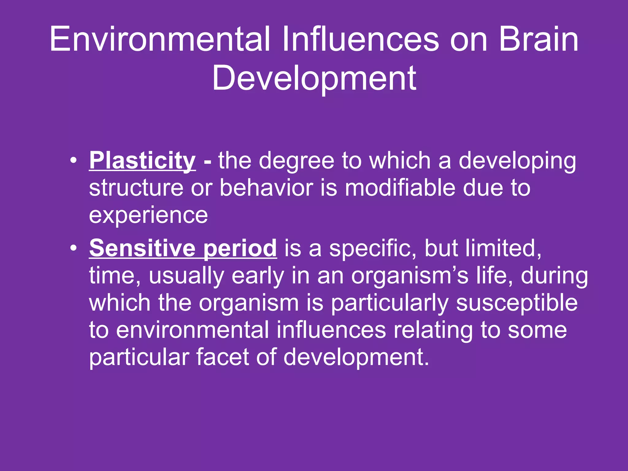 Environmental Influences on Brain Development Plasticity  -  the degree to which a developing structure or behavior is modifiable due to experience  Sensitive period  is a specific, but limited, time, usually early in an organism’s life, during which the organism is particularly susceptible to environmental influences relating to some particular facet of development.  