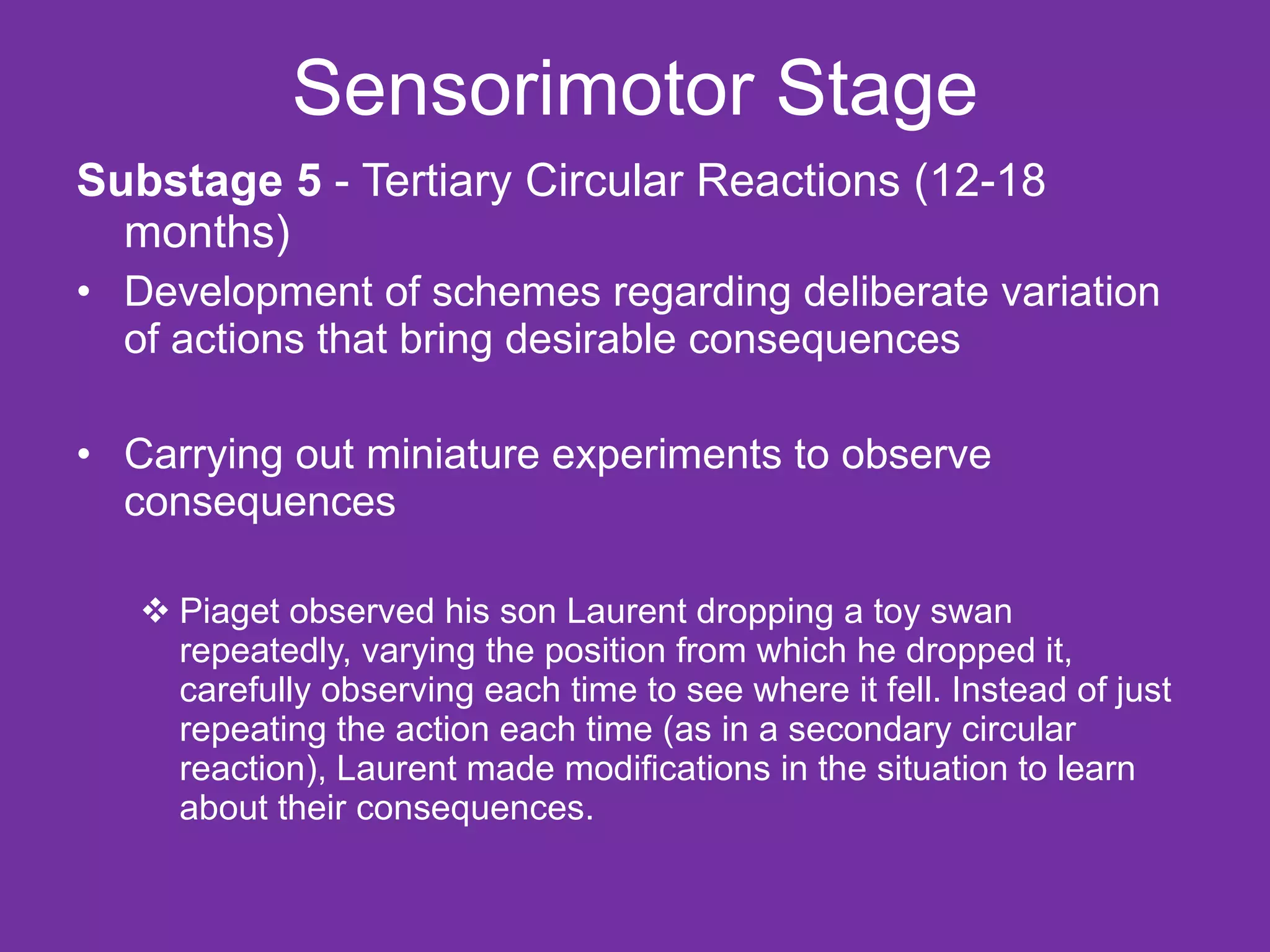 Sensorimotor Stage Substage 5  - Tertiary Circular Reactions (12-18 months) Development of schemes regarding deliberate variation of actions that bring desirable consequences Carrying out miniature experiments to observe consequences Piaget observed his son Laurent dropping a toy swan repeatedly, varying the position from which he dropped it, carefully observing each time to see where it fell. Instead of just repeating the action each time (as in a secondary circular reaction), Laurent made modifications in the situation to learn about their consequences.  