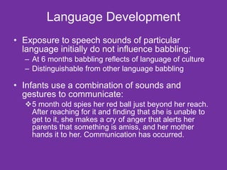 Language Development Exposure to speech sounds of particular language initially do not influence babbling: At 6 months babbling reflects of language of culture Distinguishable from other language babbling Infants use a combination of sounds and gestures to communicate: 5 month old spies her red ball just beyond her reach. After reaching for it and finding that she is unable to get to it, she makes a cry of anger that alerts her parents that something is amiss, and her mother hands it to her. Communication has occurred. 