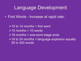 Language Development First Words - Increase at rapid rate: 10 to 14 months = first word 15 months = 10 words 18 months = one-word stage ends 16 to 24 months = language explosion equally 50 to 400 words 