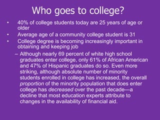 Who goes to college? 40% of college students today are 25 years of age or older Average age of a community college student is 31 College degree is becoming increasingly important in obtaining and keeping job Although nearly 69 percent of white high school graduates enter college, only 61% of African American and 47% of Hispanic graduates do so. Even more striking, although absolute number of minority students enrolled in college has increased, the overall  proportion  of the minority population that does enter college has  decreased  over the past decade—a decline that most education experts attribute to changes in the availability of financial aid. 