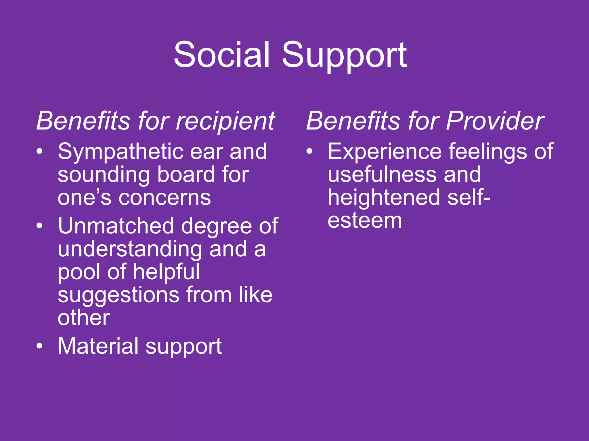 Social Support   Benefits for recipient Sympathetic ear and sounding board for one’s concerns  Unmatched degree of understanding and a pool of helpful suggestions from like other Material support Benefits for Provider Experience feelings of usefulness and heightened self-esteem  