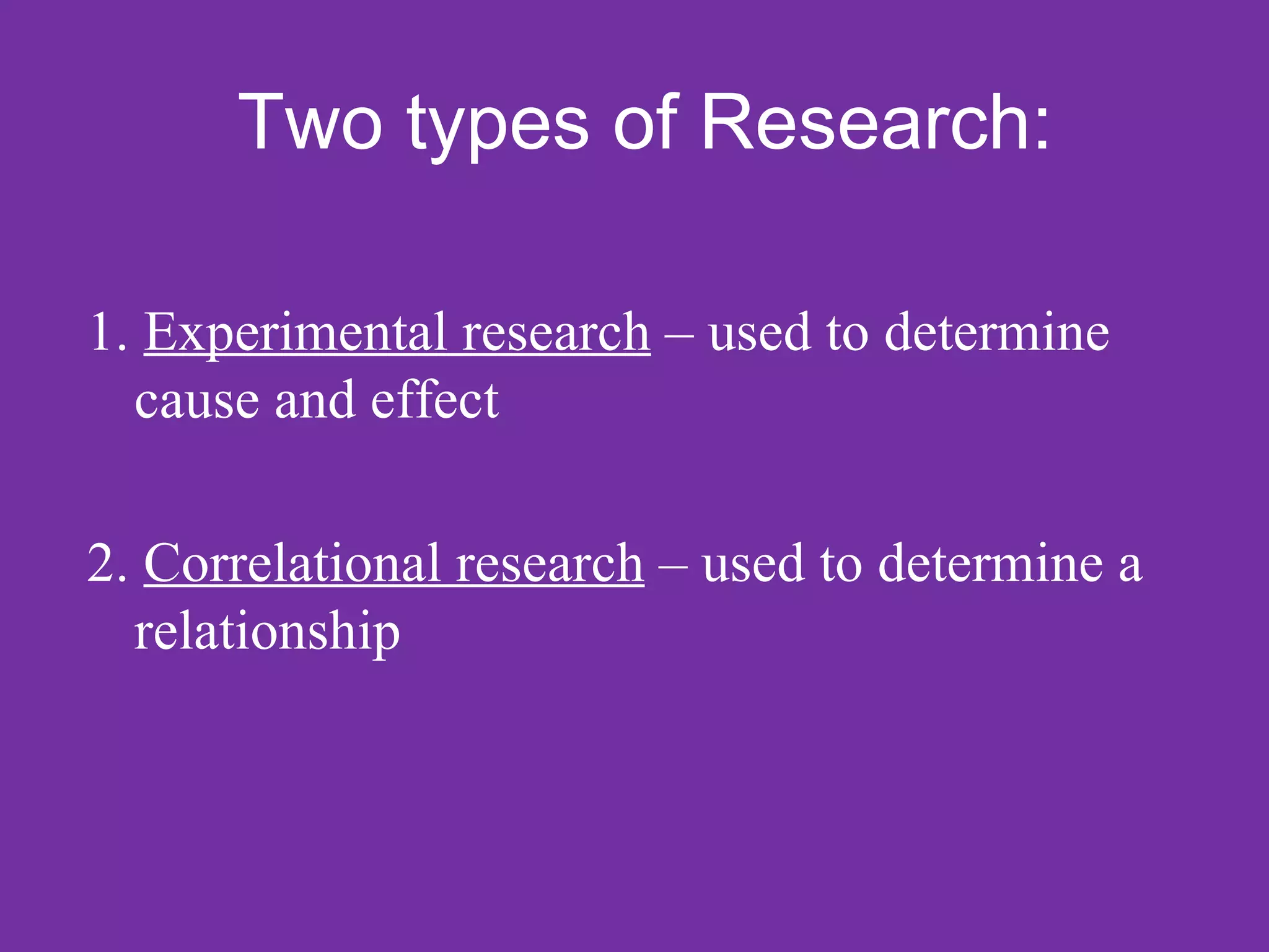 Two types of Research:

1. Experimental research – used to determine
  cause and effect

2. Correlational research – used to determine a
  relationship
 