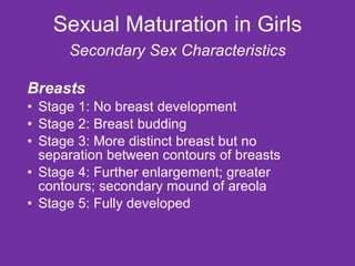 Sexual Maturation in Girls Secondary Sex Characteristics <ul><li>Breasts </li></ul><ul><li>Stage 1: No breast development ...