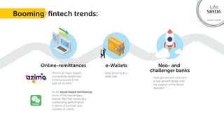 Booming ﬁntech trends:
Online-remittances
Almost all major players
successfully raised new
funding rounds in the
past six ...