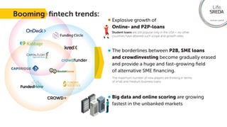 Booming ﬁntech trends:
Explosive growth of
Online- and P2P-loans
Student loans are still popular only in the USA – no othe...