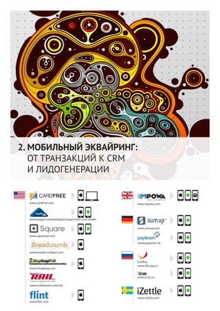 13




2. МОБИЛЬНЫЙ ЭКВАЙРИНГ:
   ОТ ТРАНЗАКЦИЙ К CRM
   И ЛИДОГЕНЕРАЦИИ


  www.cardfree.com                                www.mpowa.com



  www.paypal.com/webapps/mpp/credit-card-reader

                                                  www.sumup.com

  www.squareup.com

                                                  www.payleven.de


  www.breadcrumbpos.com



                                                  www.life-pay.ru
  www.shopkeep.com

                                                  www.2can.ru

  www.viableware.com/rail



                                                  www.izettle.com
  www.flint.com
 